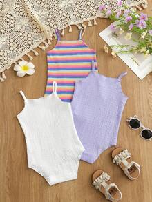 SHEIN 3pcs Baby Girls' Comfortable Versatile Minimalist Solid Color Knit Camisole Romper Set, Spring/Summer - Multicolor - View 2