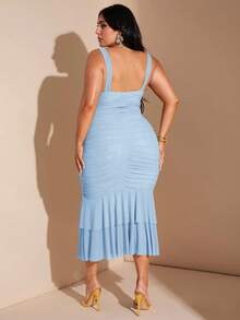 SHEIN BAE Plus Size Women's V-Neck Ruched Ruffle Hem Midi Bodycon Dress, Vacation Party Dress - Baby Blue - View 3