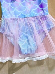 Baby Girl Cute Fish Scale Print Contrast Mesh Ruffle Trim One-Piece Swimsuit - Purple - View 6