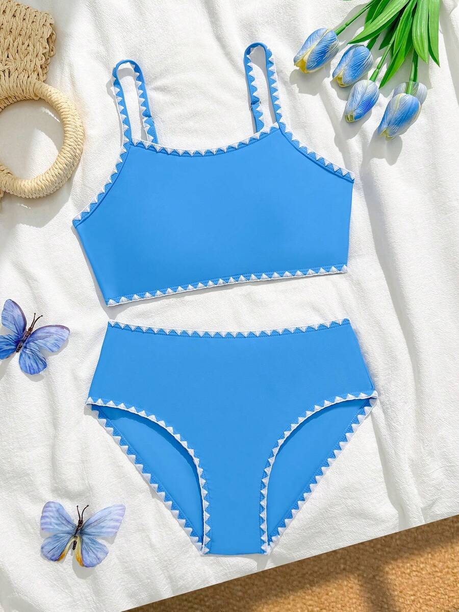 SHEIN Tween Girls2-Piece Swimsuit Set, Fresh & Minimalist Style, Pure Bright Blue Color For Visual Freshness, Shell Embroidery Trim Design, Spaghetti Strap High-Waist Triangle Cut Bottom, Knit Fabric, Fashionable & Elegant, Suitable For Swimming, Summer Vacation, Beach, Pool, Holiday Party - Blue - View 1