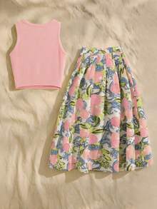 无袖圆领收腰上衣，柠檬叶印花半身裙，黄色两件套，优雅休闲度假装 - 粉色 - 查看 2