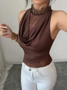 Elenzga 女士优雅棕色荷叶边领口二合一蕾丝领露背背心，修身设计凸显身材，适合通勤、日常穿着，展现优雅气质。优雅的夏季装扮，圣诞节、新年、白色新年装扮、派对、海滩、优雅休闲、浪漫、情人节、约会、毕业季服装，时尚休闲通勤装，商务办公装，百搭时尚休闲日常装，都市教师职业装。 - 棕色 - 查看 1