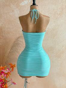 Soleia Đầm mini dệt kim họa tiết, khoét lỗ, dây rút, hở lưng, gợi cảm dành cho nữ, thích hợp cho tiệc tùng, hẹn hò, Ngày Valentine, Lễ Phục Sinh, Lễ hội hóa trang, tiệc trà chiều, đi biển, du thuyền, kỳ nghỉ thành phố vào mùa thu/đông, Lễ Tạ ơn và Năm mới. - Màu xanh Bạc hà - Xem 2