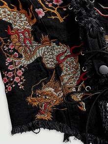 ROMWE Avant Women's Retro Motorcycle J-Fashion New Chinese Style Embroidered Halter Sexy Plus Size Denim Top - Black - View 2