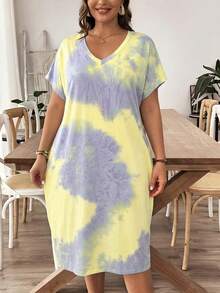SHEIN LUNE 大码女式V领短袖休闲扎染连衣裙 - 彩色 - 查看 5