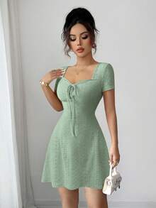 Elenzga Đầm mini mùa hè mới, chất liệu jacquard dệt kim, màu kem bơ, kiểu dáng gợi cảm, ôm sát, thắt nơ phía trước dành cho nữ. - màu xanh lá - Xem 3