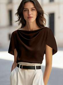 Balvessa 纯色垂褶不对称袖优雅短袖T恤，夏季 - 咖啡棕 - 查看 3