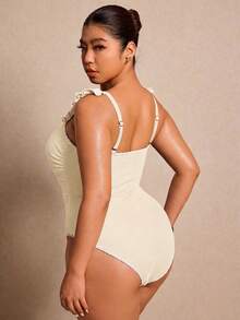Elaquor 大码女式纯色前系带连体泳衣 - 杏色 - 查看 2