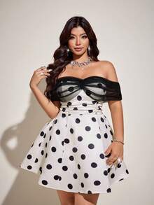 SHEIN Galaire Plus Size Women's Polka Dot Off Shoulder Mesh Ruffle Waist A-Line Mini Dress, Elegant Date Outfit - Multicolor - View 2