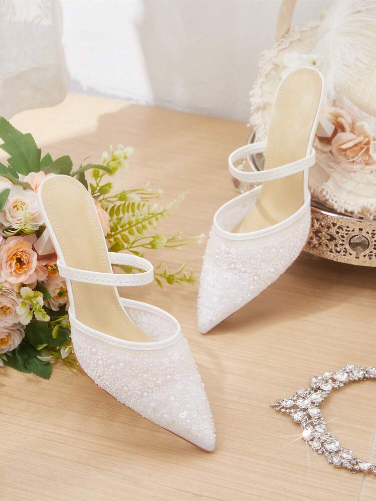 CUCCOO HITCHD Pointed New Breathable Hollow Embroidered Beads Fashionable Versatile Temperament Elegant Sexy Fairy White High Heels
