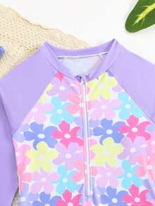 SHEIN Traje de baño de una pieza con volantes y estampado floral elegante para niñas, con cierre delantero, adecuado para playa, resort, primavera/verano/otoño - Morado - Ver 4