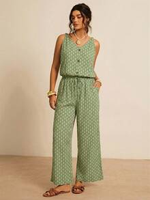 Freevana Jumpsuit Tanpa Lengan dengan Saku dan Tali Serut Pinggang Motif Cetak Seluruh Permukaan untuk Wanita Ukuran Besar - Hijau - View 4