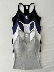 SHEIN 4pcs/Set Fitted V-Neck Camisole Tops, Versatile All-Match Undershirts For Teens, Suitable For All Seasons - Multicolor - View 1