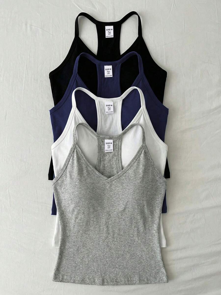 SHEIN 4pcs/Set Fitted V-Neck Camisole Tops, Versatile All-Match Undershirts For Teens, Suitable For All Seasons - Multicolor - View 1