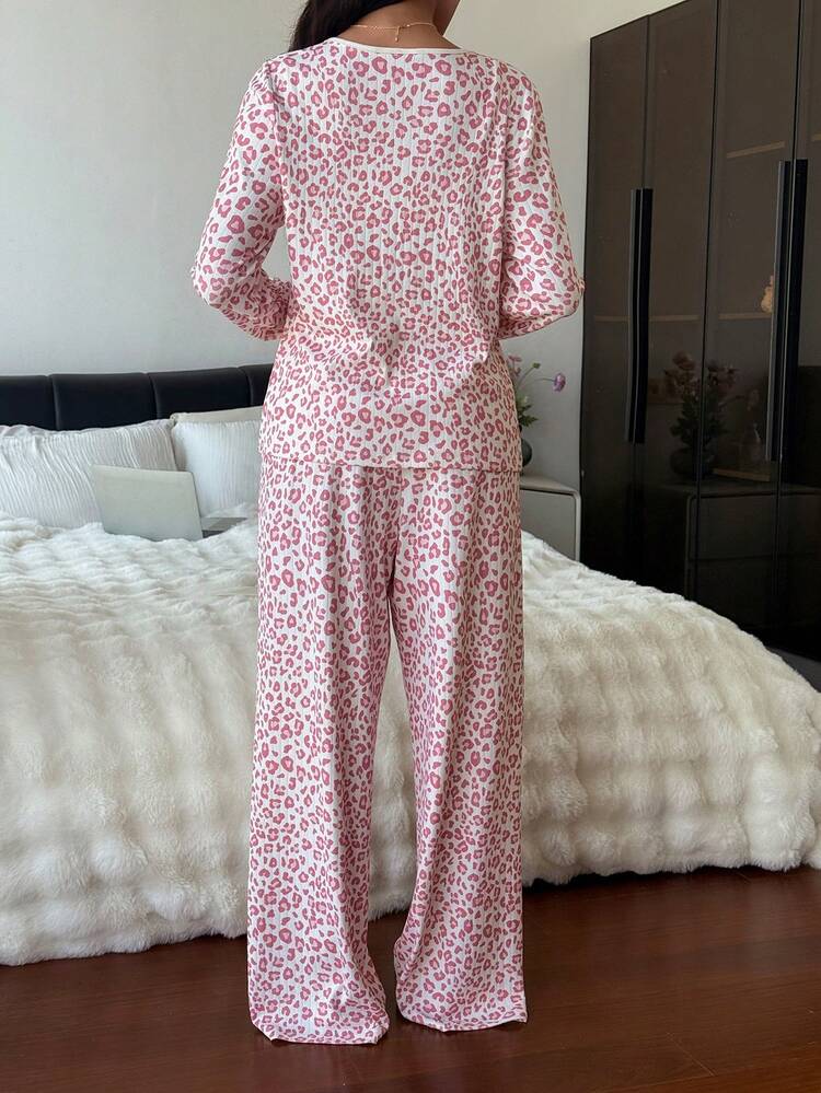 3pcs Solid Color Camisole, Leopard Print Cardigan & Pants Sleepwear Set For Women, Spring