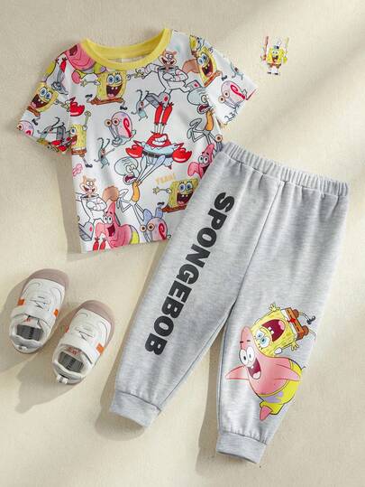 SpongeBob SquarePants | SHEIN 男婴休闲圆领短袖T恤和裤子套装