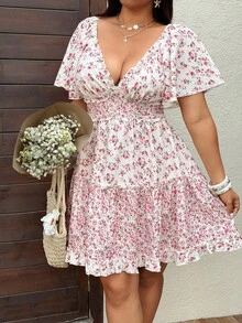 Sunnyshic Plus Size Casual Patchwork Contrast Ditsy Floral Dress - Beige - View 3