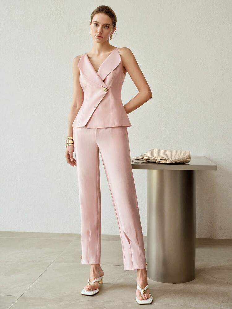 HIGH WAIST MINIMALIST BUTTON DECOR SUIT PANTS