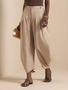 Vesra Khaki Pleated Floral Casual Women's Cropped Pants - Khaki - View 6
