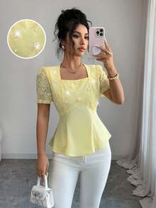 GlowEve Áo kiểu nữ thanh lịch phối lưới, cổ vuông, eo thắt, thích hợp cho mùa hè. - Vàng nhạt - Xem 6