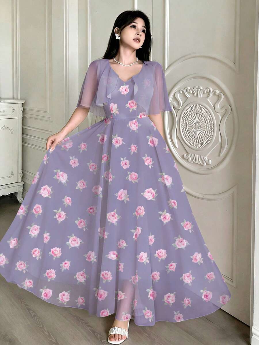 Modelyn Đầm dài họa tiết hoa hồng nhỏ, cổ chữ V, thiết kế bèo nhún ở vai, eo thắt, hai lớp, thích hợp cho kỳ nghỉ hè và mặc hàng ngày, họa tiết hoa oải hương. - Nhiều màu - Xem 1