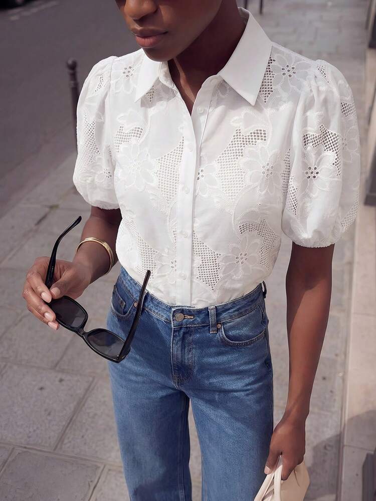 SHEIN Maija Outfit Deas For Shirt,Casual White Woven Fabric Top For Women Regular Length With Collar And Half Puff Sleeves White Eyelet Shirt,Vacation Outfits Women,Summer Holiday Outfits ,Beach Vacation Outfits For Women