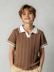 Young Boy Colorblock Striped Print Casual Short Sleeve Polo Shirt Polo Shirts For Boys Kids Polo Shirt Brown Polo Shirt School Uniform For Kids - Coffee Brown - View 6