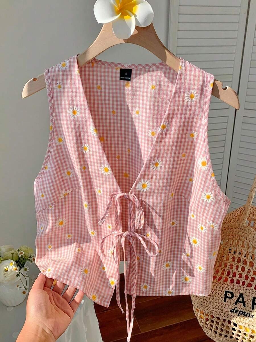 SHEIN EZwear 女士无袖梭织衬衫,前系带,雏菊图案 - 粉色 - 查看 1