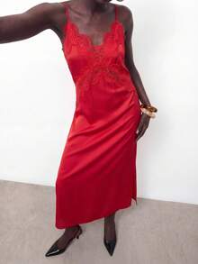 Maija Outfit Deas For Dress,Sleeveless Red Long Dress For Women With Cold Shoulder Design And Elegant Fuzzy Plant Pattern Lace - Red - View 10