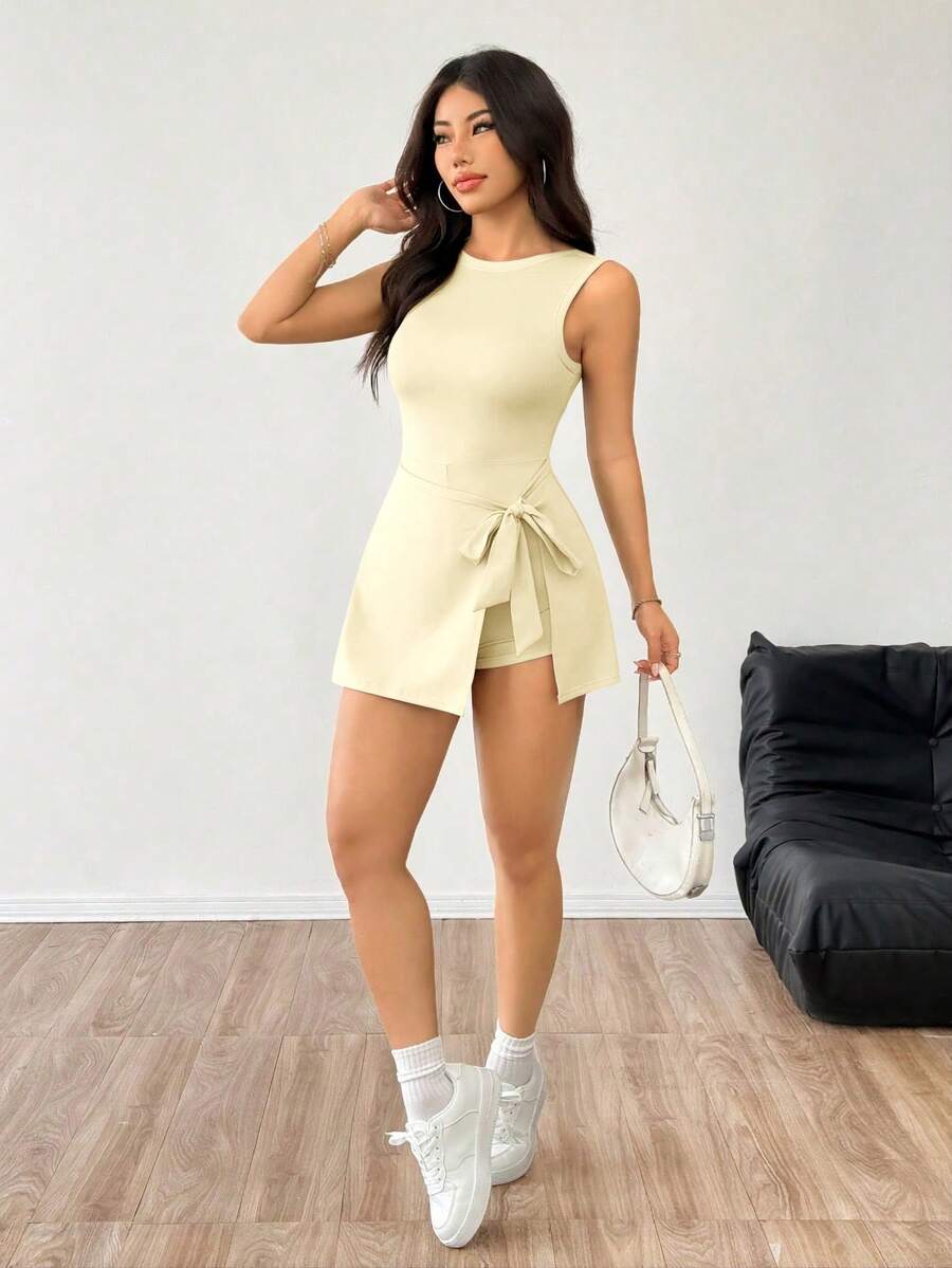 SHEIN EZwear 女士纯色极简无袖连体裤，适合日常穿着，杏色 - 杏色 - 查看 1