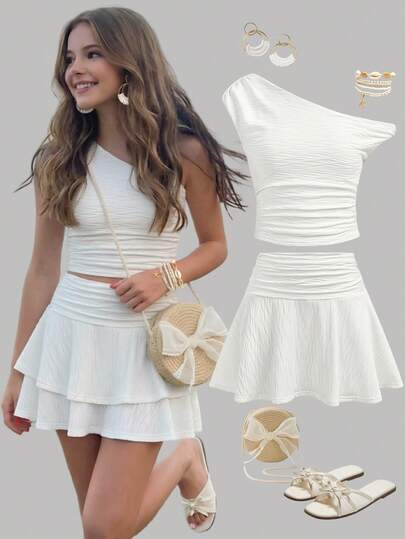 Girlism 少女T恤套装，露肩针织纹理修身T恤搭配迷你裙两件套，适合返校、休闲、度假、家庭聚会、派对等场合。