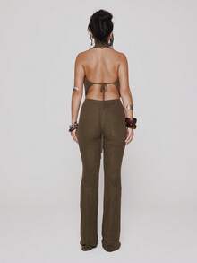 MUSERA 纹理网眼高领上衣和修身喇叭裤套装，春夏节日性感伊比沙岛度假休闲Y2K牛仔解构风 - 軍綠色 - 查看 2