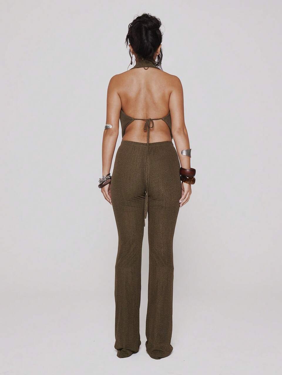 Olive Green Summer Boho Night Out Club Night Textured Mesh Cowl Neck Top And Fitted Flared Trousers Pants Set Co-Ord Festival Ibiza Vacation Y2k