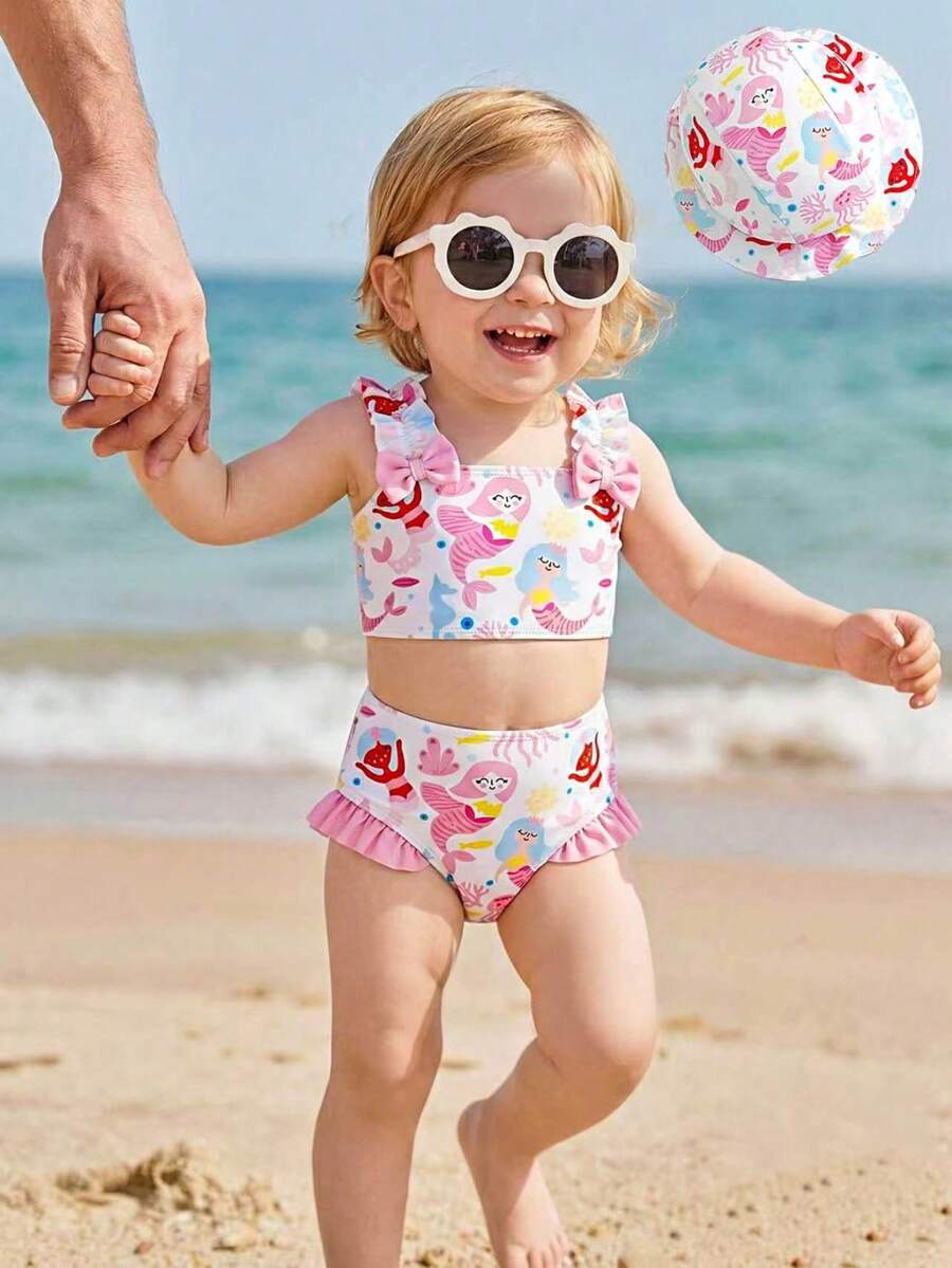 女婴卡通图案蝴蝶结荷叶边比基尼泳衣，配发带 - 彩色 - 查看 1