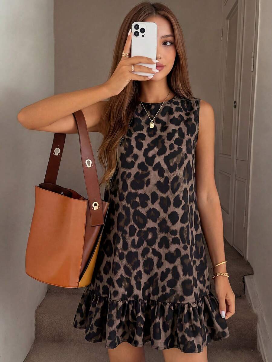 SHEIN Đầm hè dáng suông cổ tròn không tay họa tiết da báo và hoa dành cho thiếu nữ - Nhiều màu - Xem 1