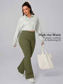 Flexra Plus Size Women's Solid Color Pocket Elastic Waist Casual Flare Jeans, Minimalist Everyday Wear - Green - View 5