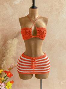 Soleia Women's Vacation Beach Golf Backless Halter Knit Top And White Mini Knit Skirt 2 Pieces Set Summer Sexy - Orange - View 3