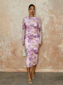 SHEIN BAE Women's Elegant Marble Print Draped Long Sleeve Fitted Dress, Autumn,Pastel Dresses For Women - Mauve Purple - View 1