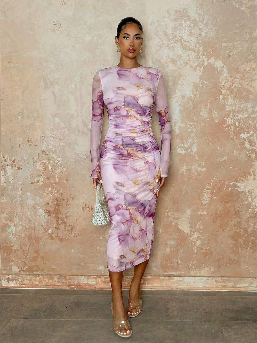 SHEIN BAE Women's Elegant Marble Print Draped Long Sleeve Fitted Dress, Autumn,Pastel Dresses For Women - Mauve Purple - View 1