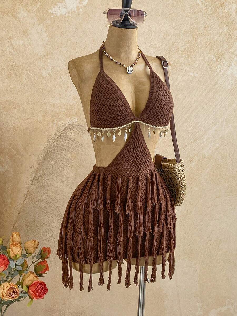Soleia 女士度假休闲连衣裙，性感复古镂空多层流苏下摆迷你针织连衣裙，适合海滩、邮轮、公路旅行、假日、约会、下午茶、度假、野餐、音乐节、波西米亚风、海滩、夏季、复古度假、音乐节、通勤等场合。 - 咖啡棕 - 查看 1