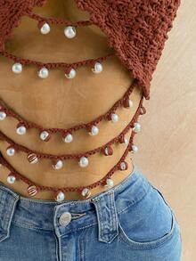 Soleia Áo hai dây cổ chữ V kiểu dáng mới cho kỳ nghỉ xuân/hè, phối dây ngọc trai, áo vest dệt kim hở lưng, phong cách Bohemian, Boho, đi biển, nghỉ mát, cổ điển, lễ hội. - màu nâu - Xem 6