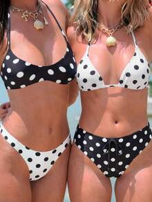 SHEIN Swim 4件套女士波点印花性感露背挂脖比基尼套装，可调节细肩带露脐上衣和泳裤，适合海滩、游泳池、派对、夏季穿着。 - 黑與白 - 查看 3