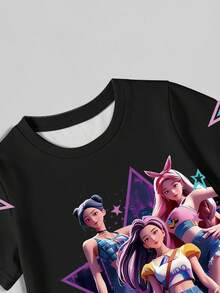 少女五角星标语图案T恤连衣裙，休闲舒适，适合春、夏、秋季穿着；韩流女巫狩猎主题黑色连衣裙，时尚姐妹装，舒适的夏秋装扮，别致的女孩设计 - 彩色 - 查看 5