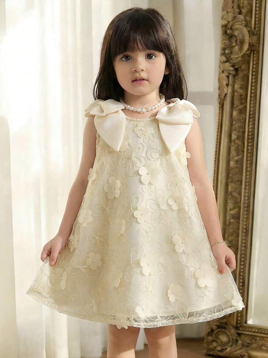 SHEIN Baby Girls' White Summer Cute Elegant Wedding Dress,3D Mesh Embroidered Flower Decor,Ruffled Bow Formal Party Gown For Anniversary Performance - Apricot - View 1