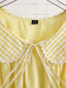 Sweetra Camisa holgada, casual y linda con cuello con volantes y manga corta a cuadros azules para tallas grandes - Amarillo - Ver 3