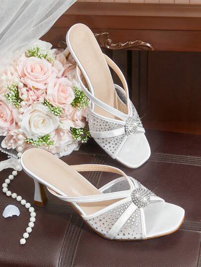CUCCOO HITCHD Women's Fashion Square Toe Satin Mesh Splicing Rhinestones Sexy Evening Party Party Style Simple Backspace Stiletto High Heel Sandals Summer Shoes