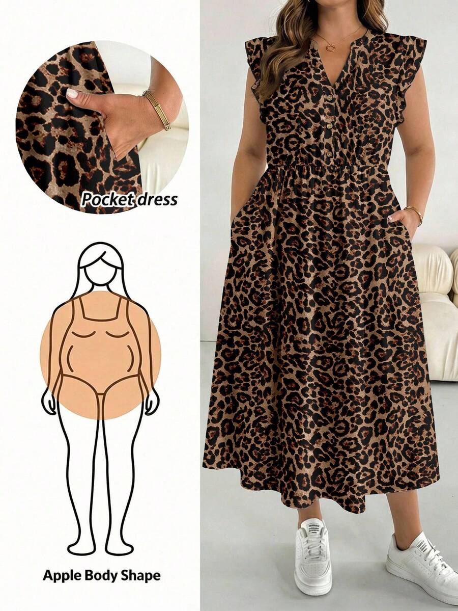 SHEIN Essnce Plus Size Women Leopard Print Short Sleeve Casual Vacation Dress, Coffee Color - Multicolor - View 1