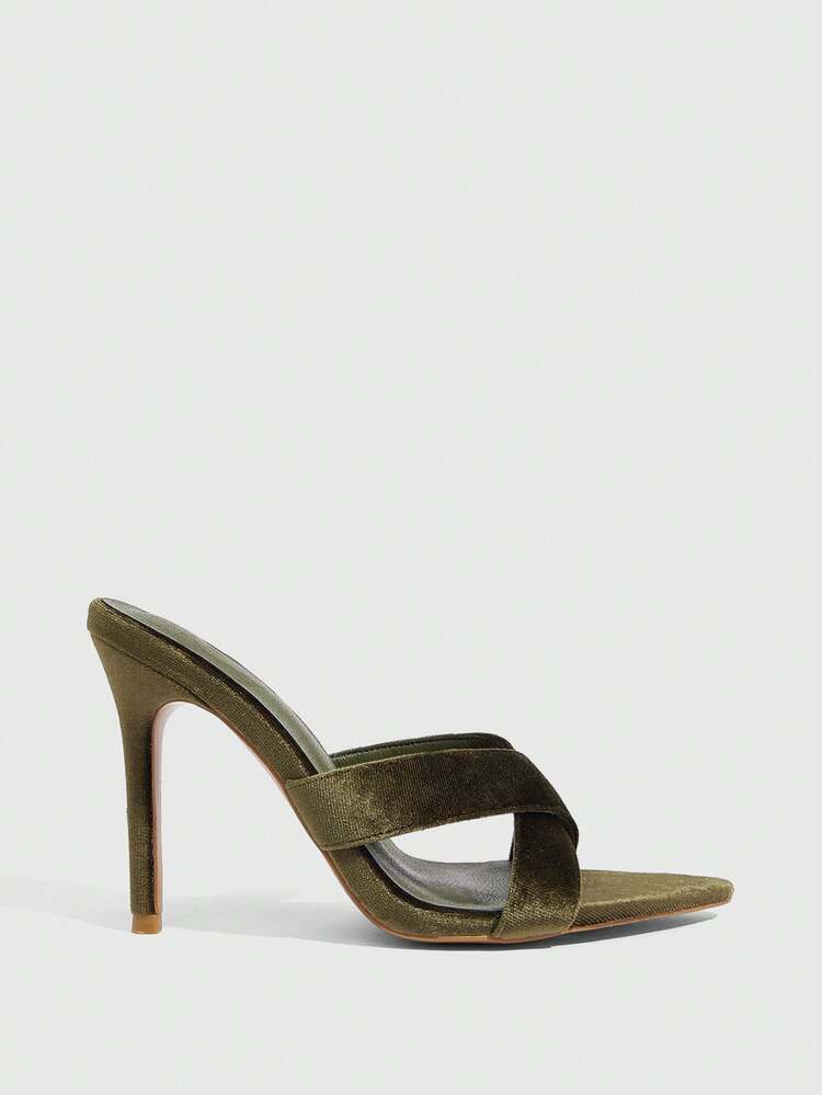 CUCCOO SZL Women Shoes Olive Green Velvet Cross Strap Fashionable Sexy Pointed Stiletto Sandals