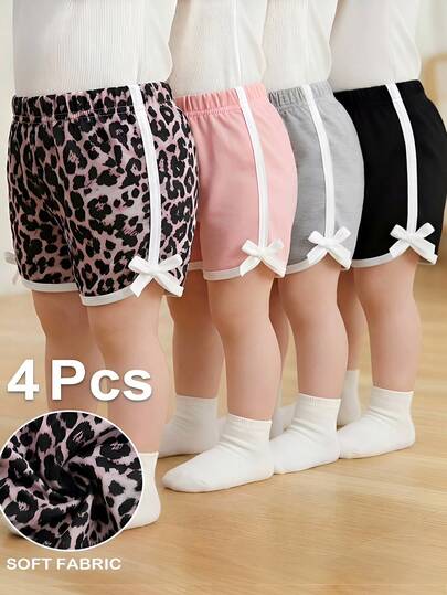 SHEIN 4 piezas Shorts deportivos casuales y lindos de color caramelo para niñas bebés, primavera/verano