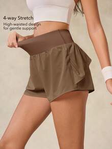 OutZeal Celana Pendek Olahraga Wanita, Celana Pendek Latihan, Celana Pendek Tenis, Celana Pendek dengan Hem Bergelombang, Bawahan Aktif - Khaki - View 4